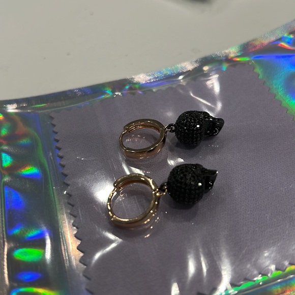 Black crystal pavé skull earrings with gold plated earring huggie. New/Handmade - Picture 6 of 6